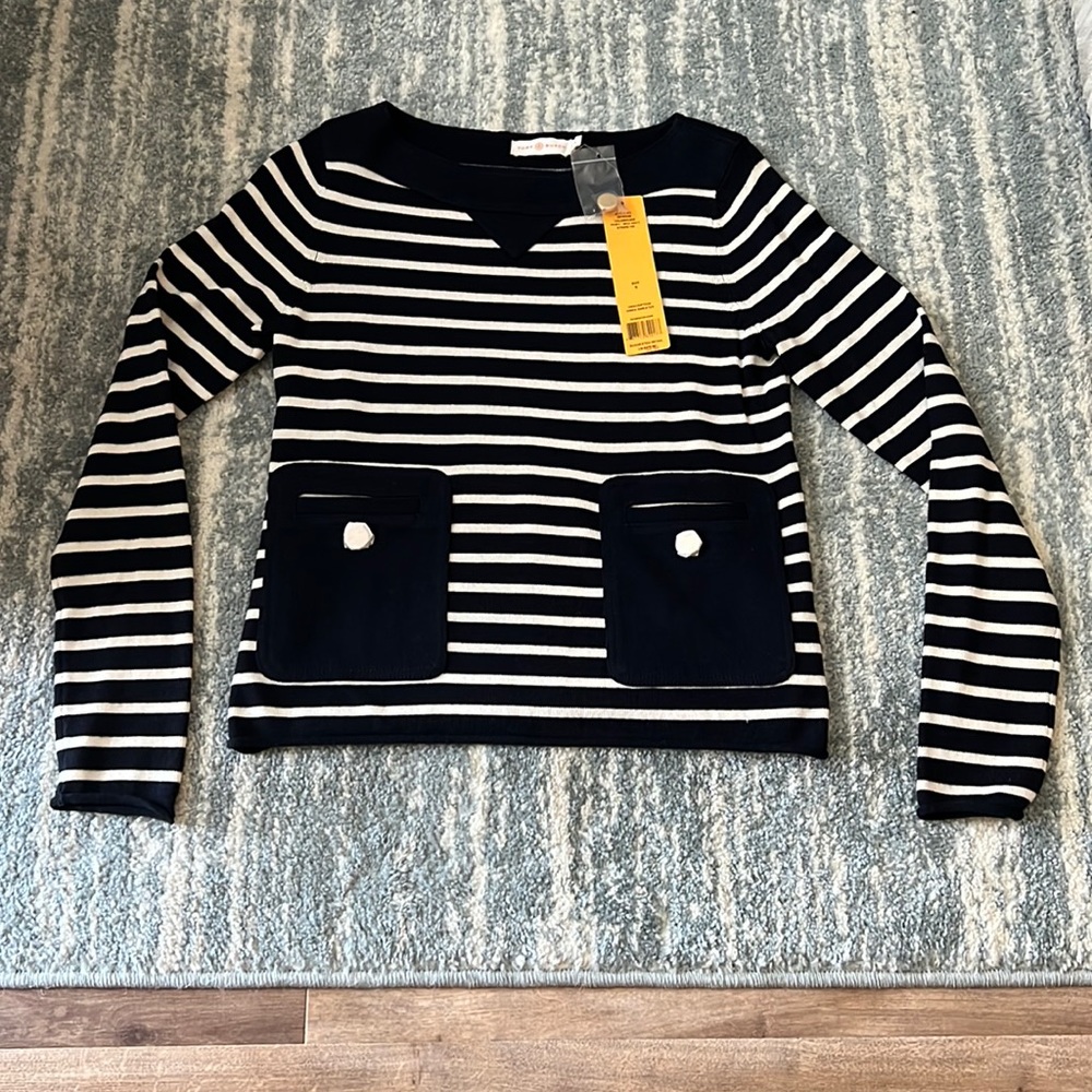 NWT Tory Burch Owen sweater navy/ivory Small - Picture 1 of 6